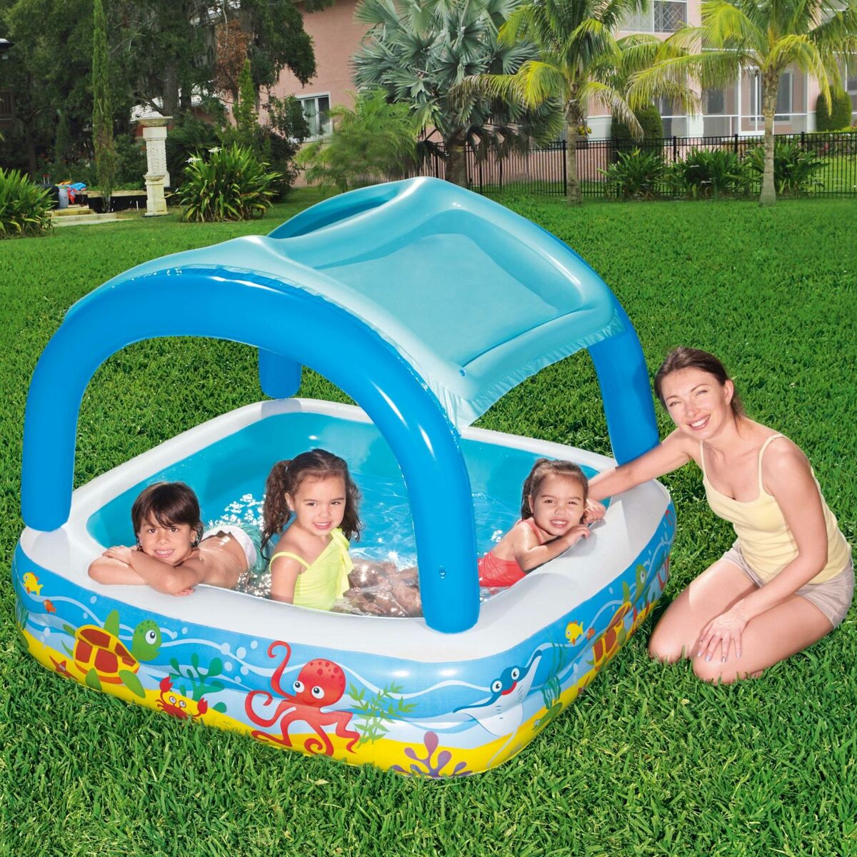 Bestway Uppblåsbar Barnpool Avtagbart Tak 140x140x114 cm +2 År Trädgård 52192 - 14