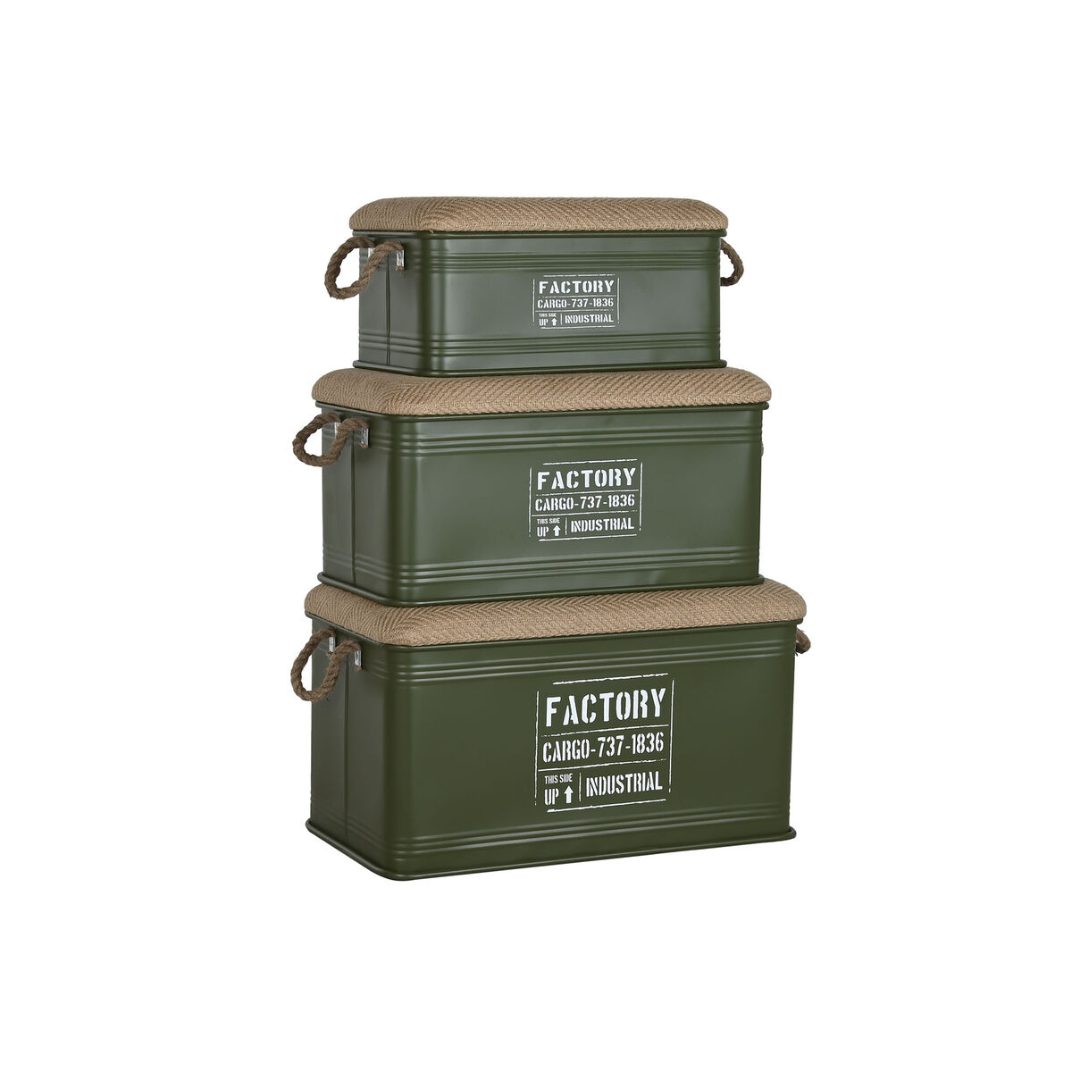 Koffertset Home ESPRIT Mörkgrön Naturell Metall Snöre Fibrer 69 X 37 X 37,5 cm (3 antal) - 2