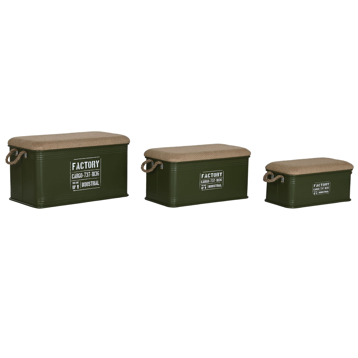Koffertset Home ESPRIT Mörkgrön Naturell Metall Snöre Fibrer 69 X 37 X 37,5 cm (3 antal)