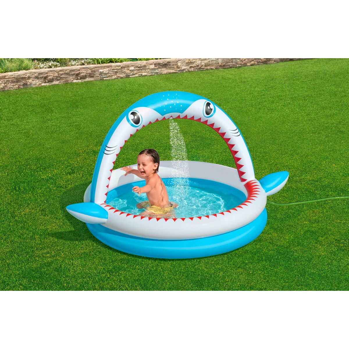 Bestway Uppblåsbar Barnpool 2 Ringar Haj Sprinkler 163x127x92 cm +2 År Trädgård 53157 - 5