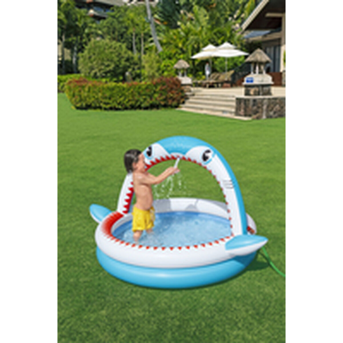 Bestway Uppblåsbar Barnpool 2 Ringar Haj Sprinkler 163x127x92 cm +2 År Trädgård 53157 - 11