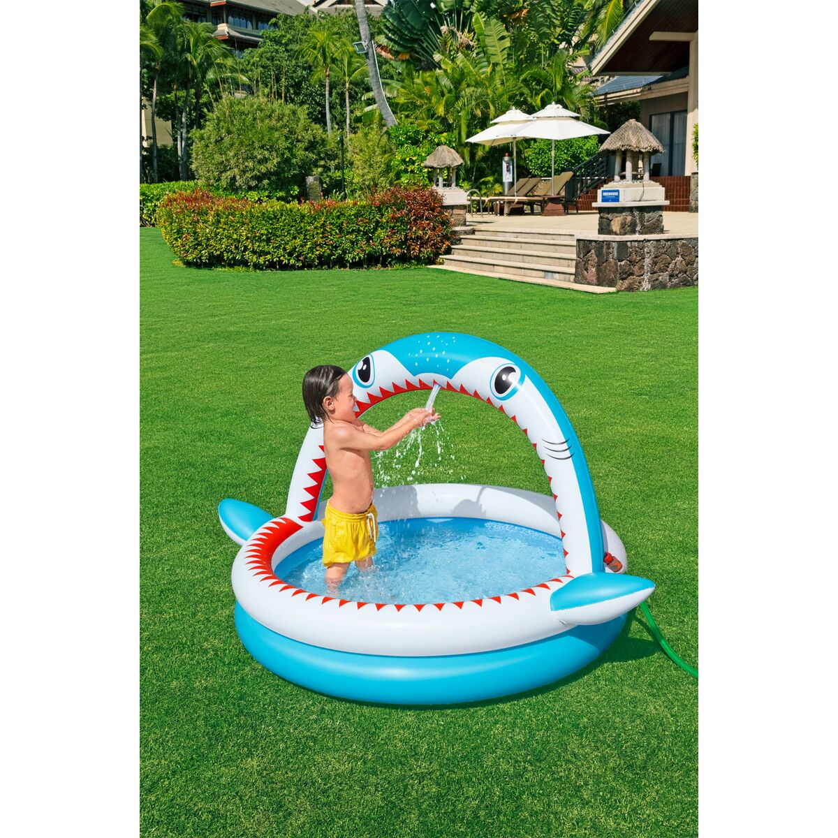 Bestway Uppblåsbar Barnpool 2 Ringar Haj Sprinkler 163x127x92 cm +2 År Trädgård 53157 - 6