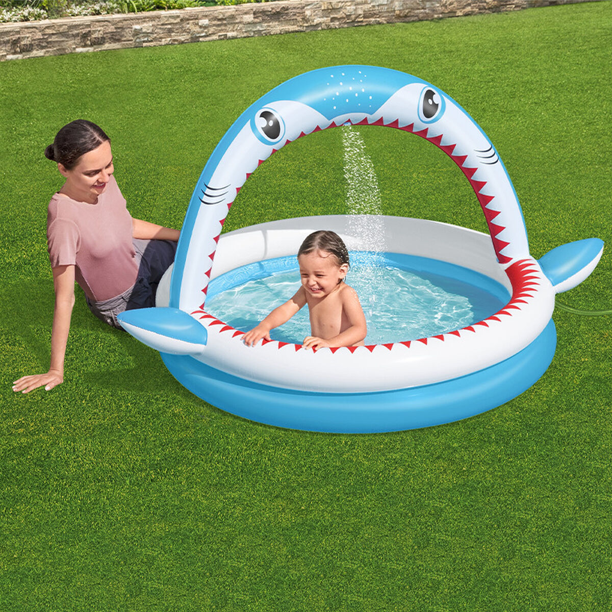 Bestway Uppblåsbar Barnpool 2 Ringar Haj Sprinkler 163x127x92 cm +2 År Trädgård 53157 - 10