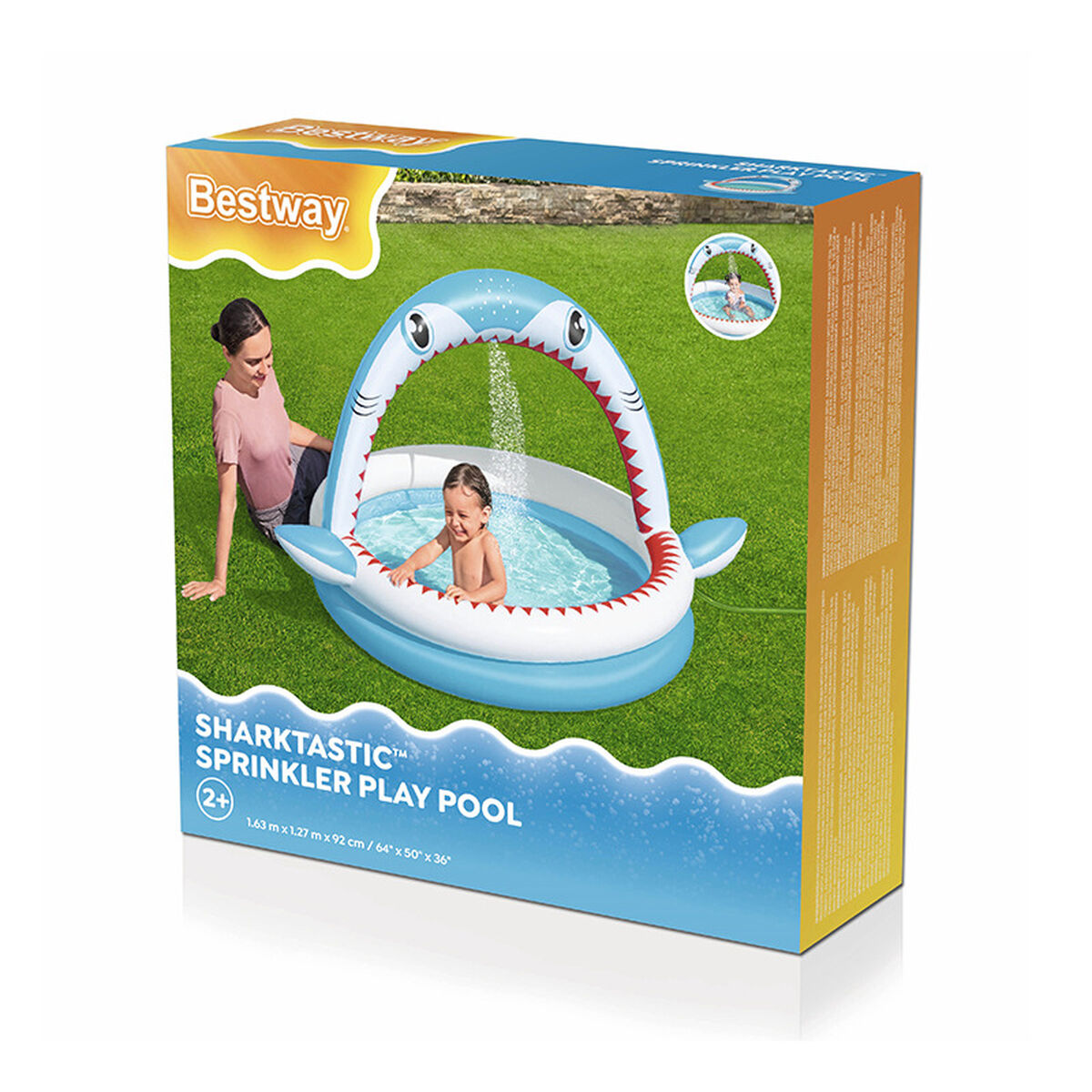 Bestway Uppblåsbar Barnpool 2 Ringar Haj Sprinkler 163x127x92 cm +2 År Trädgård 53157 - 9