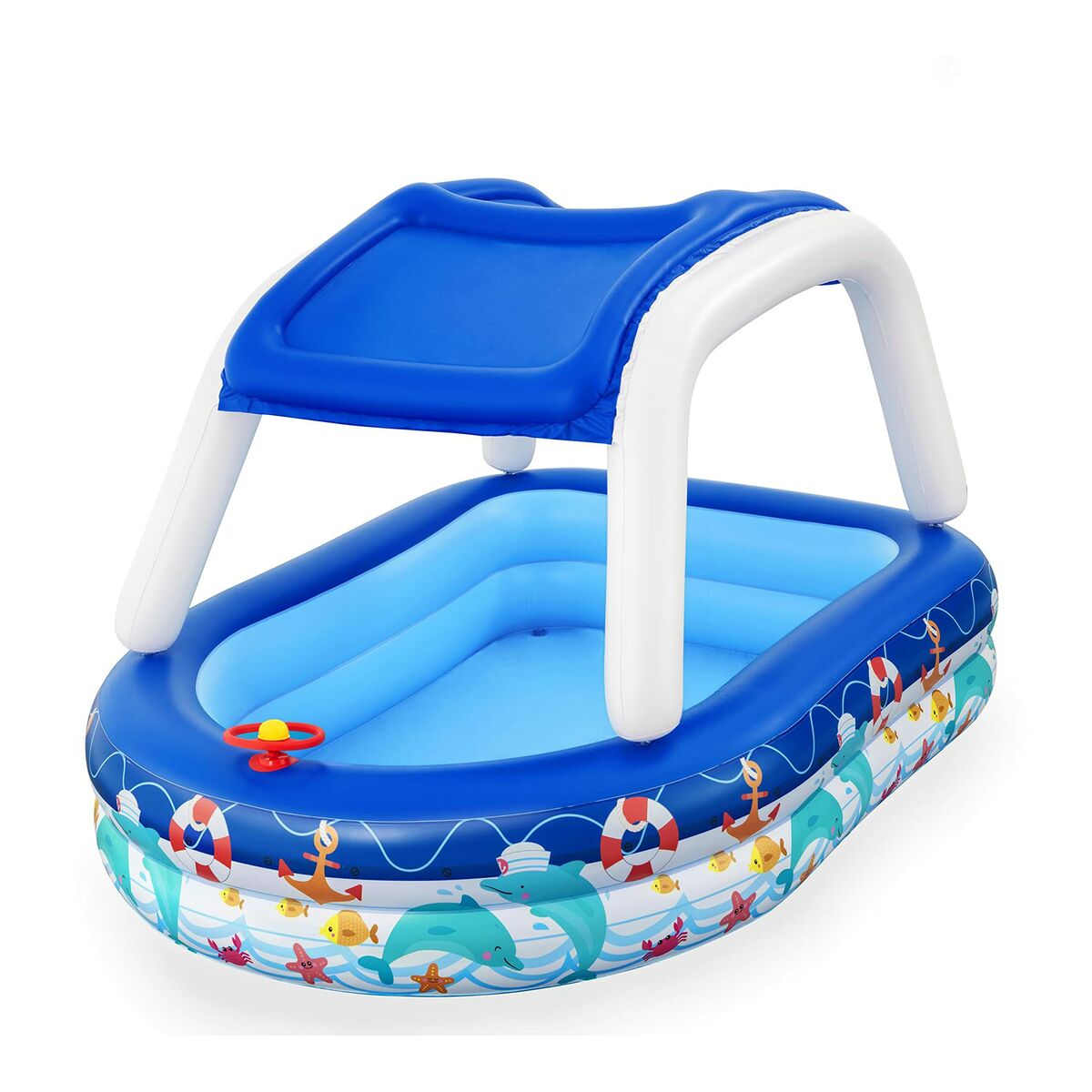 Bestway Uppblåsbar Barnpool Avtagbart Tak Båt med Ratt 213x155x132 cm +3 År Trädgård 54370 - 12