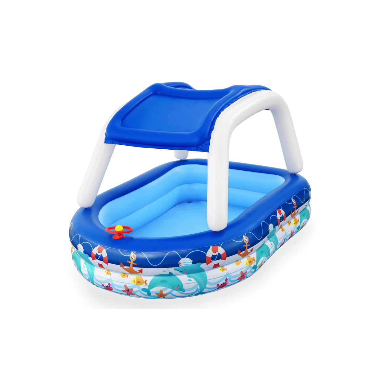 Bestway Uppblåsbar Barnpool Avtagbart Tak Båt med Ratt 213x155x132 cm +3 År Trädgård 54370 - 11