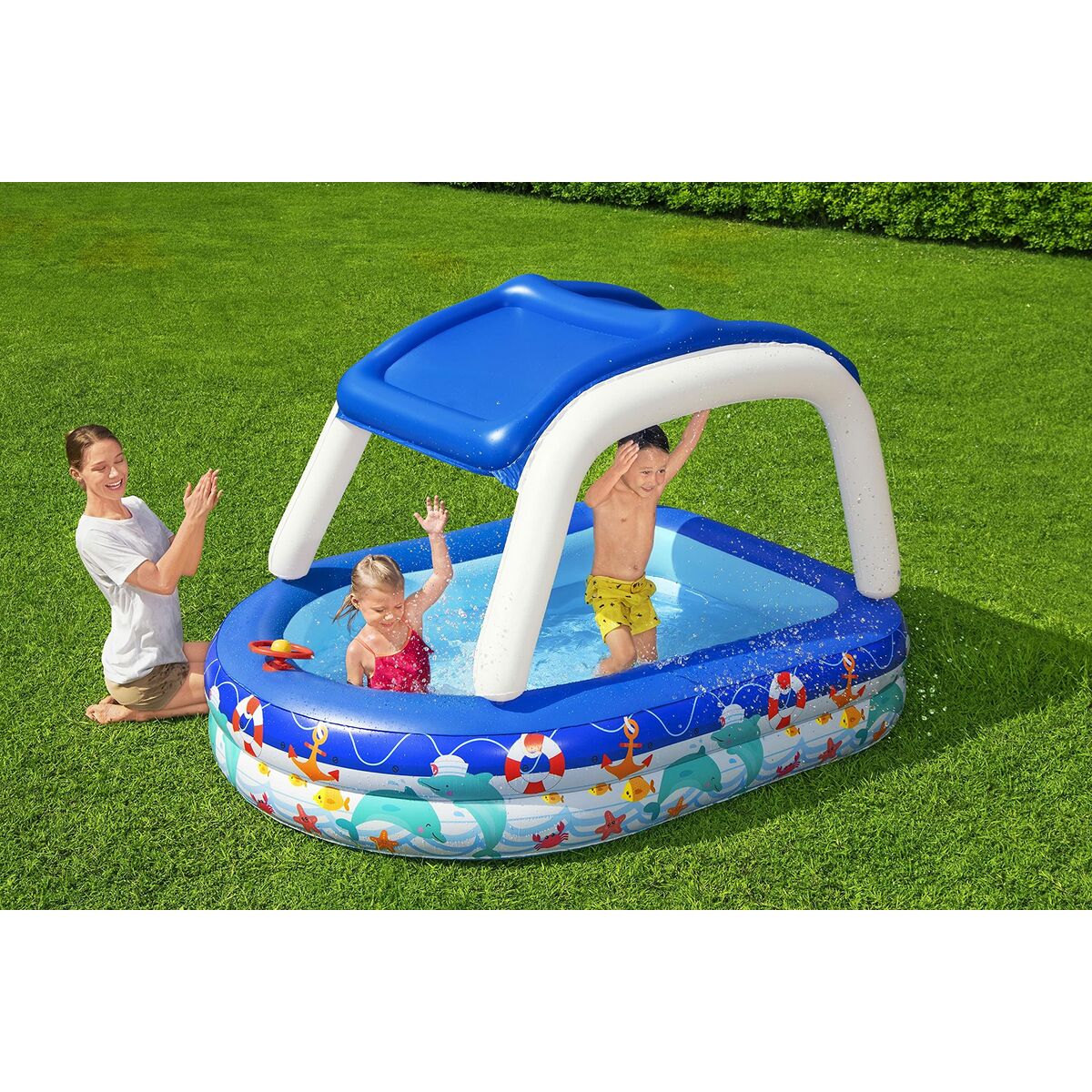 Bestway Uppblåsbar Barnpool Avtagbart Tak Båt med Ratt 213x155x132 cm +3 År Trädgård 54370 - 14