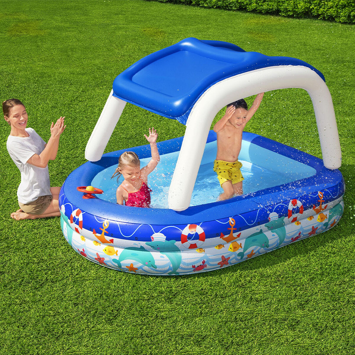 Bestway Uppblåsbar Barnpool Avtagbart Tak Båt med Ratt 213x155x132 cm +3 År Trädgård 54370 - 10