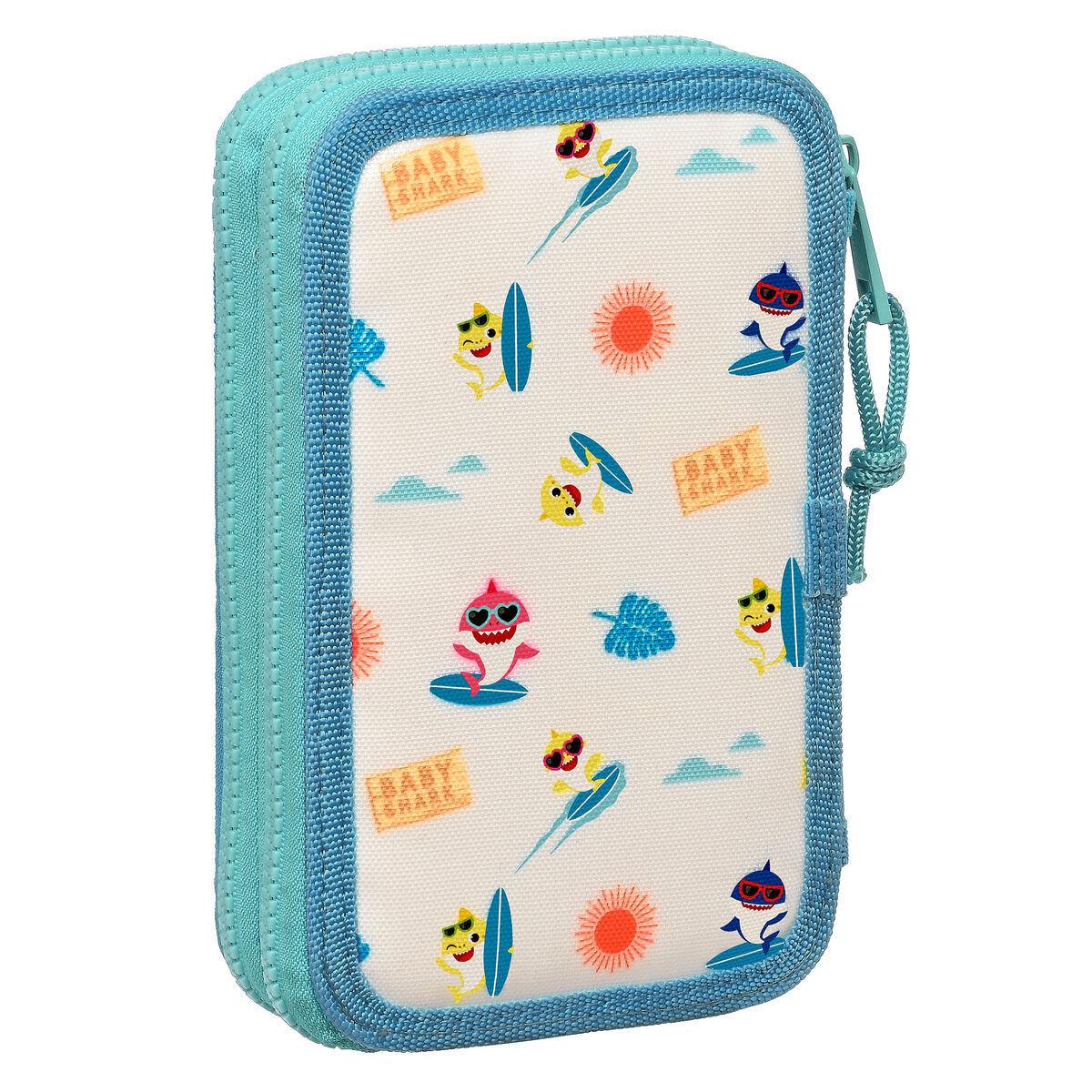Dubbelt pennfodral Baby Shark Surfing Blå Vit 12.5 x 19.5 x 4 cm (28 Delar) - 2