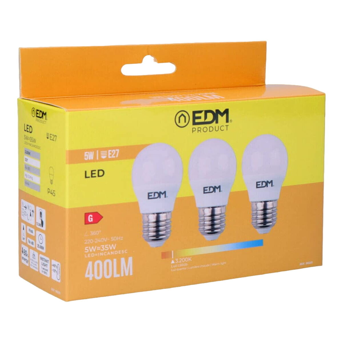 Förpackning med 3 LED-lampor EDM 98201 G 35 W 5 W 50 W E27 3200 Lm Ø 4,5 x 8 cm (3200 K) - 4