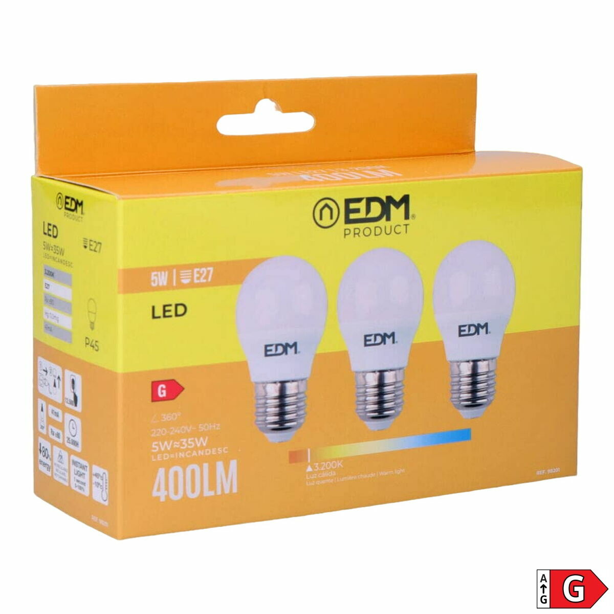 Förpackning med 3 LED-lampor EDM 98201 G 35 W 5 W 50 W E27 3200 Lm Ø 4,5 x 8 cm (3200 K) - 8