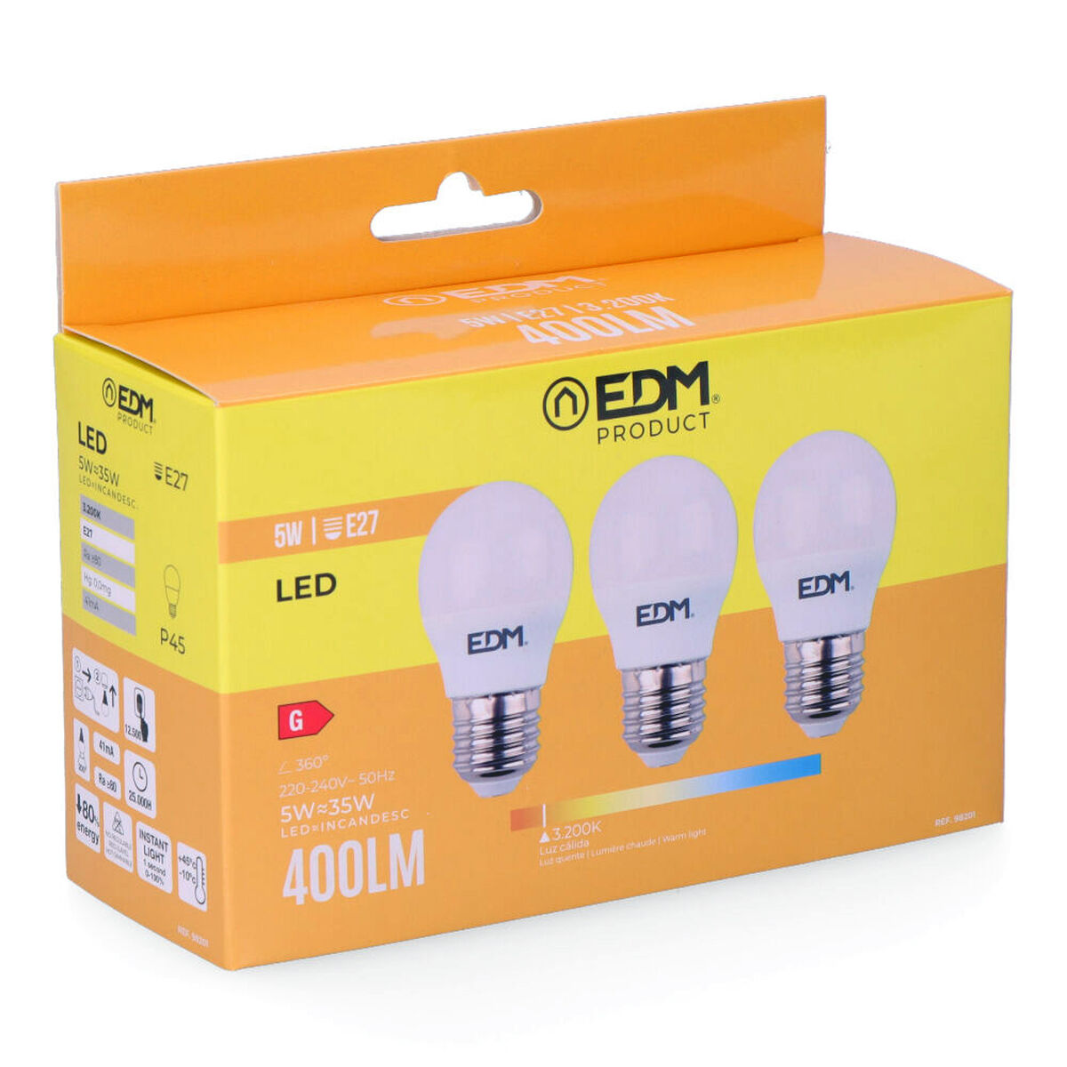Förpackning med 3 LED-lampor EDM 98201 G 35 W 5 W 50 W E27 3200 Lm Ø 4,5 x 8 cm (3200 K)
