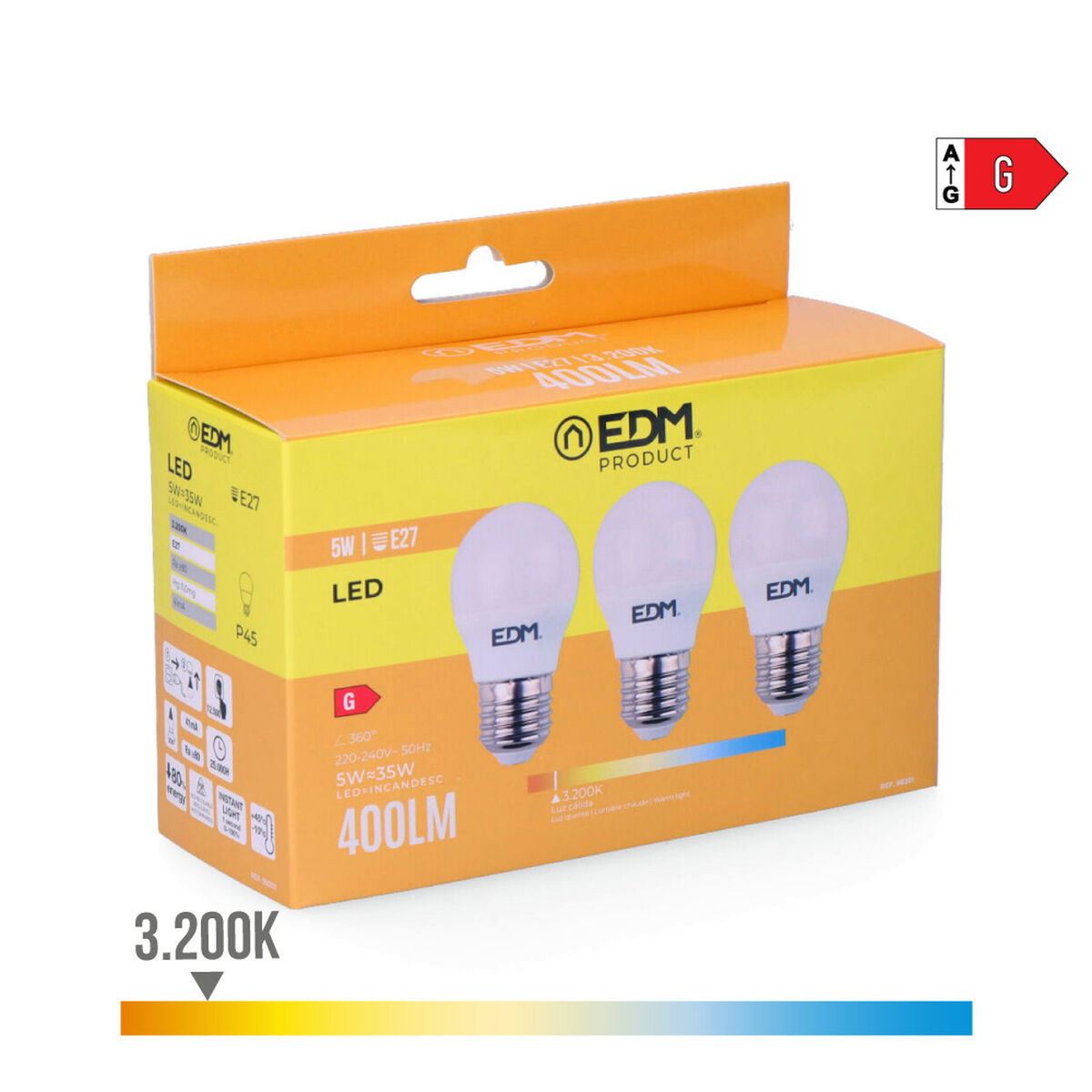 Förpackning med 3 LED-lampor EDM 98201 G 35 W 5 W 50 W E27 3200 Lm Ø 4,5 x 8 cm (3200 K) - 6