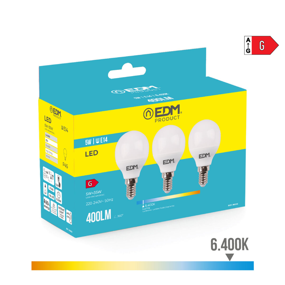 Förpackning med 3 LED-lampor EDM 98202 G 35 W 5 W 50 W E14 400 lm Ø 4,5 x 8 cm (6400 K) - 8