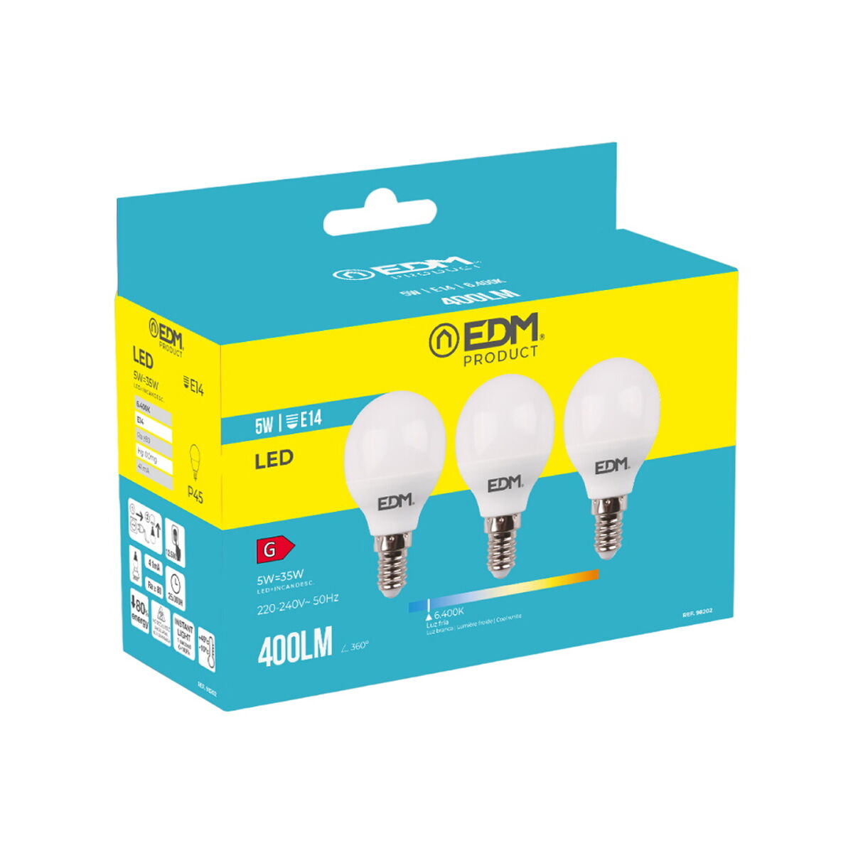 Förpackning med 3 LED-lampor EDM 98202 G 35 W 5 W 50 W E14 400 lm Ø 4,5 x 8 cm (6400 K) - 6
