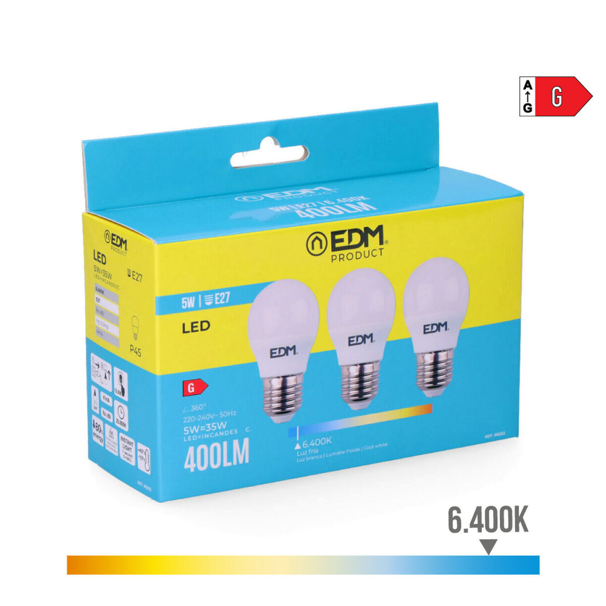Förpackning med 3 LED-lampor EDM 98203 G 35 W 5 W 50 W E27 400 lm Ø 4,5 x 8 cm (6400 K) - 6
