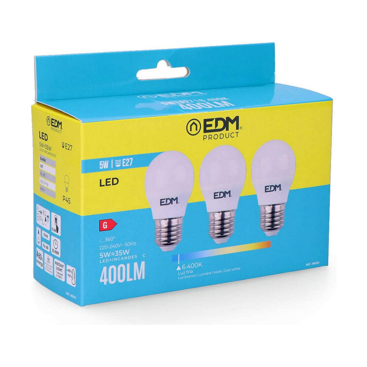 Förpackning med 3 LED-lampor EDM 98203 G 35 W 5 W 50 W E27 400 lm Ø 4,5 x 8 cm (6400 K) - 2