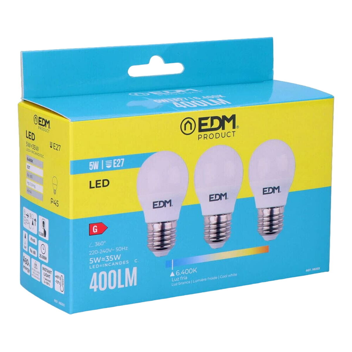 Förpackning med 3 LED-lampor EDM 98203 G 35 W 5 W 50 W E27 400 lm Ø 4,5 x 8 cm (6400 K) - 4