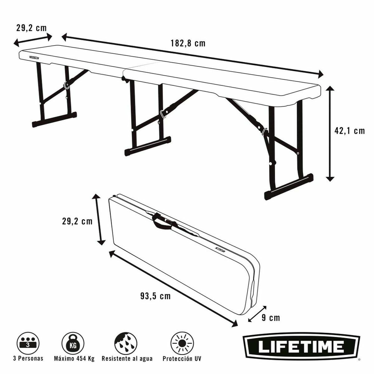 Bänk Lifetime Hopfällbar Vit 183 x 29 x 42 cm - 4
