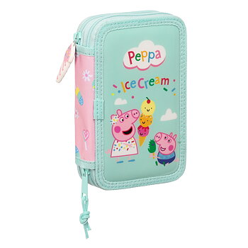 Dubbelt pennfodral Peppa Pig Ice cream Rosa Mint 12.5 x 19.5 x 4 cm (28 Delar)