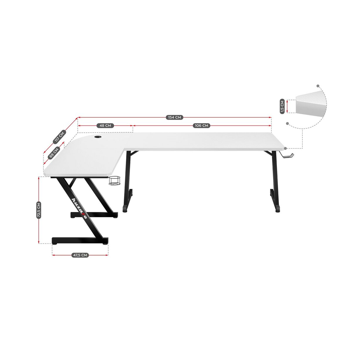 Skrivbord Gaming Huzaro HZ-Hero 7.0 Vit Svart Kolfiber 154 x 72,5 x 117 cm - 4