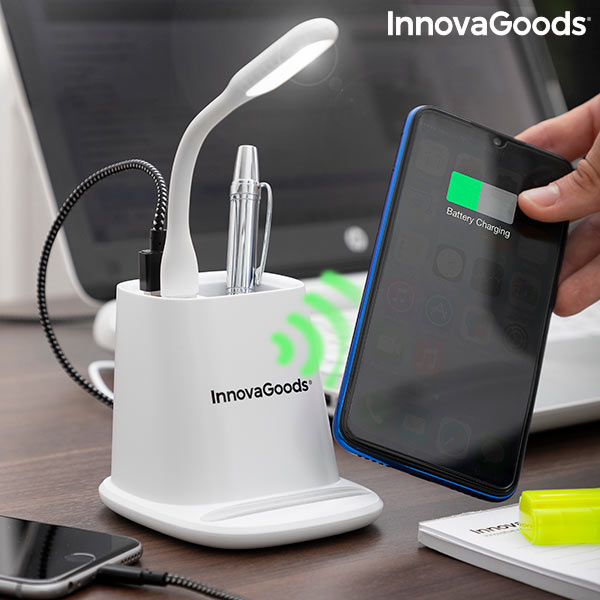 Trådlös laddare med förvaringshållare och LED-lampa med USB. DesKing InnovaGoods