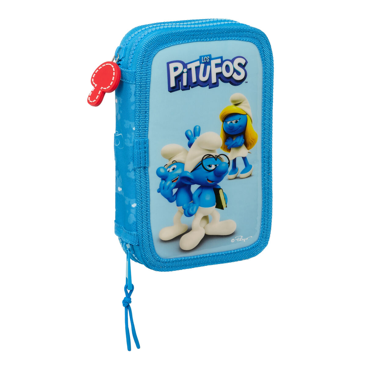 Dubbelt pennfodral Los Pitufos Blå Himmelsblå 12.5 x 19.5 x 4 cm (28 Delar)
