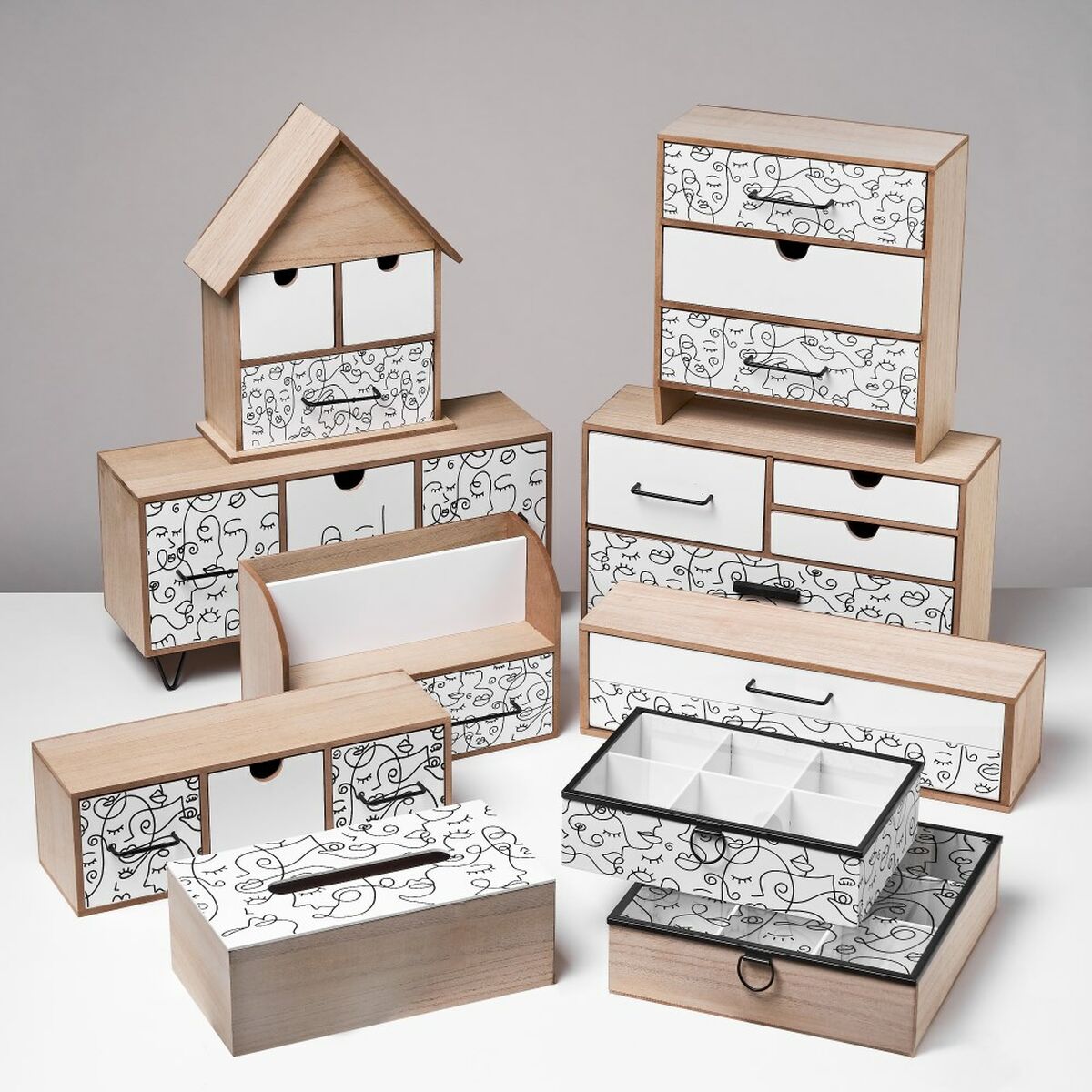 Smyckeskrin ONE LINE Vit Svart Naturell Trä MDF 39 x 10 x 11 cm - 4