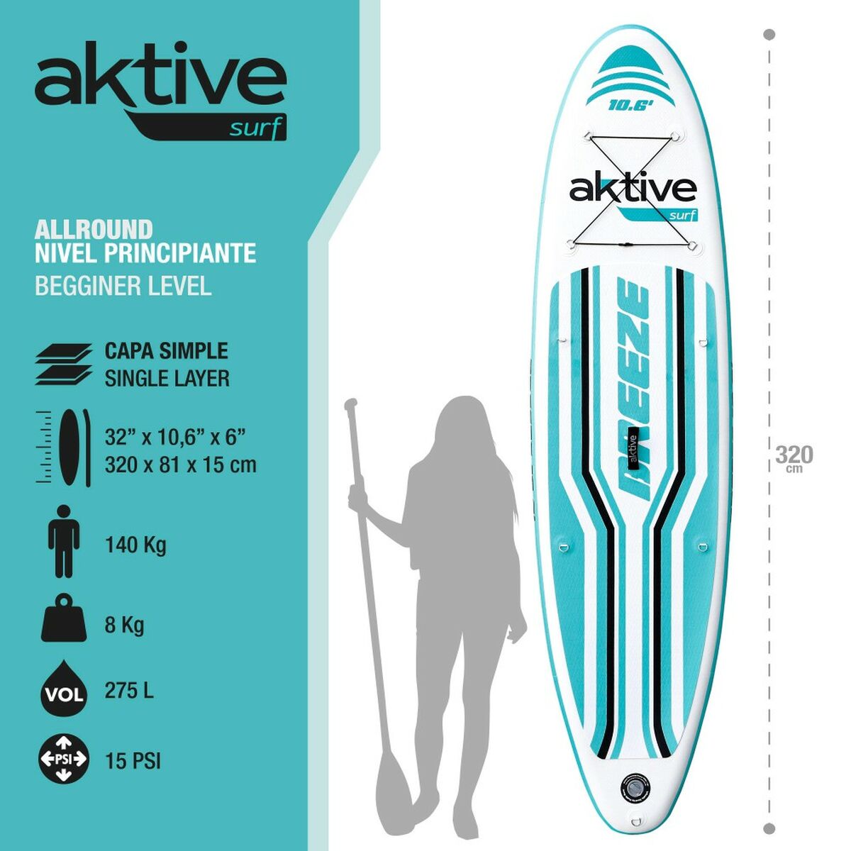 Uppblåsbara Paddle Surfbräda med tillbehör Aktive Blå - 2