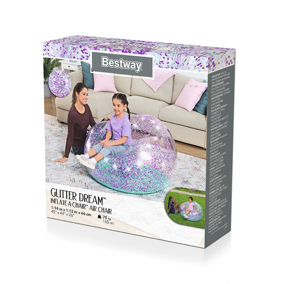 Bestway Jättestor Glitteruppblåsbar Stol 114x112x66 cm +6 År Inomhus och Trädgård 75115 - 9