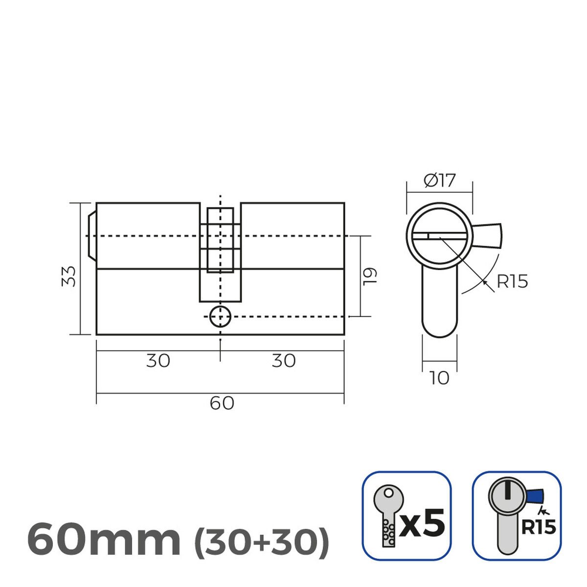 Säkerhetscylinder EDM 85167 R15 Gyllene Mässing Långt kamlås 60 x 30 x 17 mm - 3
