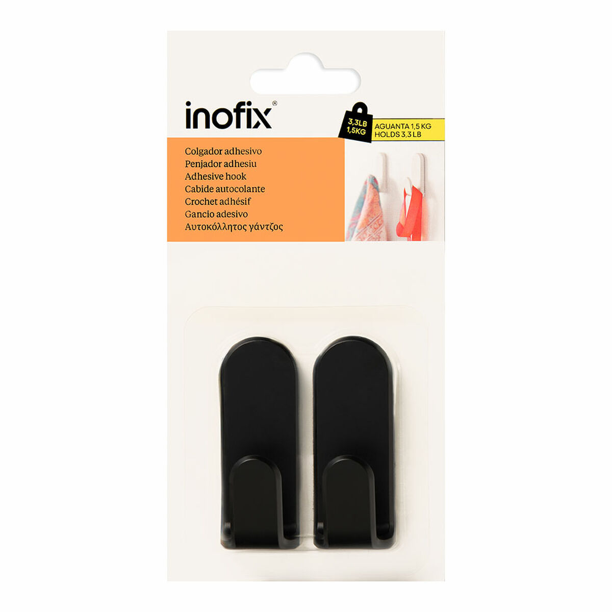 Upphängningskrok Inofix taga Svart 1,5 Kg Vidhäftande (2 antal) - 2