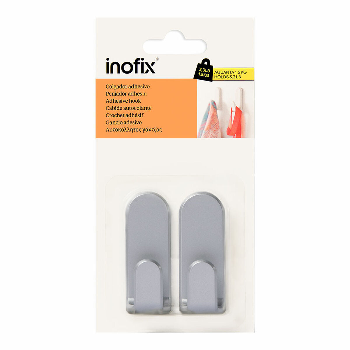 Upphängningskrok Inofix taga Silvrig 1,5 Kg Vidhäftande (2 antal) - 2