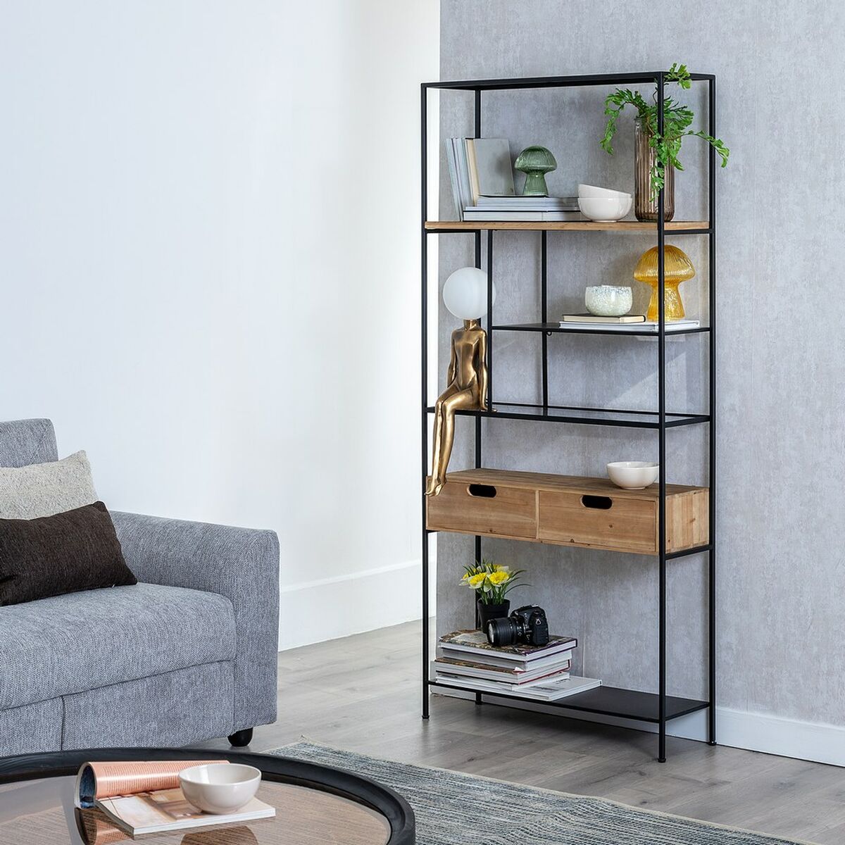 Bokhylla Svart Beige Trä Glas Järn 80 x 26 x 180 cm - 3