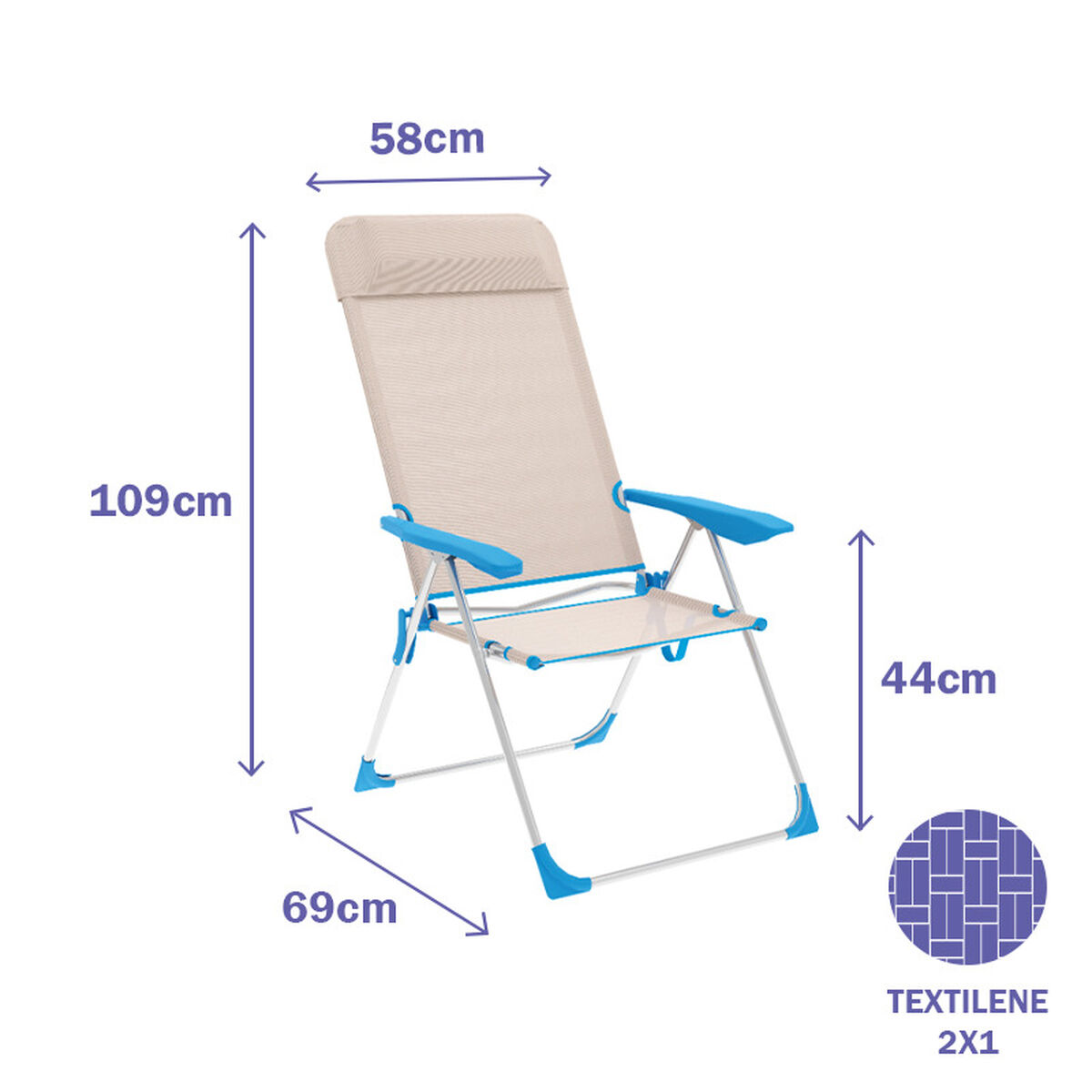 Marbueno Fällbar Stol 5 Positioner Aluminium med Kudde Beige/Blå Strand och Pool 69X58X109 cm 10175 - 2