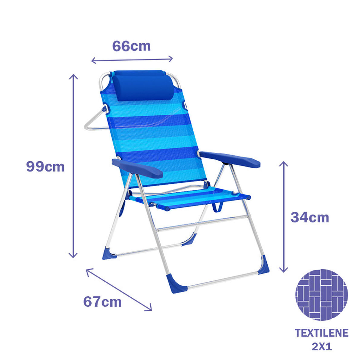 Marbueno Fällbar stol 5 lägen Aluminium med Kudde Ränder Blå Strand och Pool 67X66X99 cm 10246 - 2