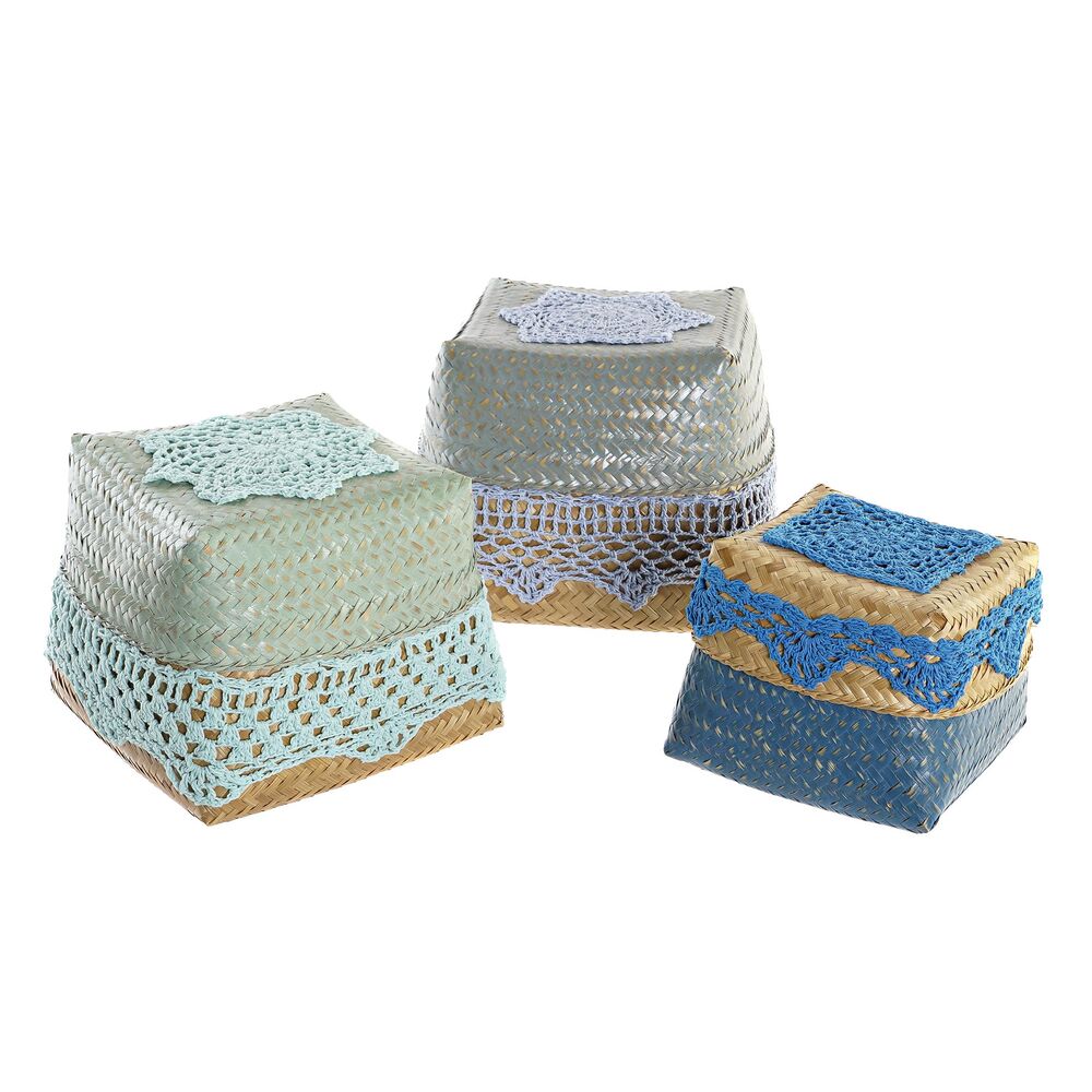 Uppsättning med Dekorativa Lådor DKD Home Decor Blå Turkos Naturell Ljusgrå Bambu Boho - 4