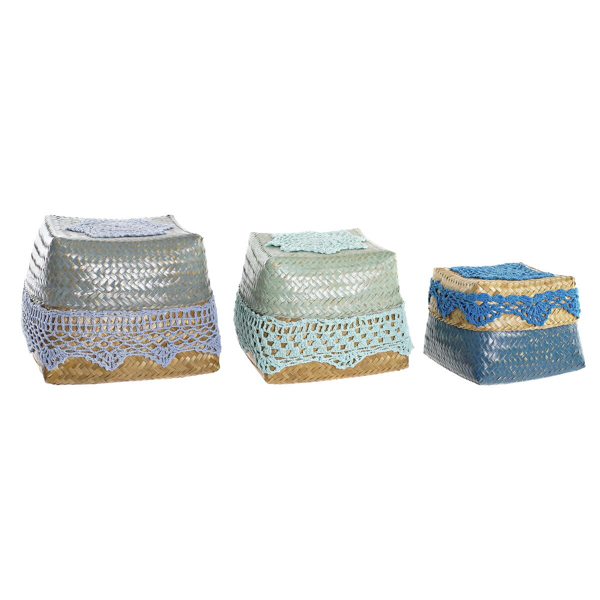 Uppsättning med Dekorativa Lådor DKD Home Decor Blå Turkos Naturell Ljusgrå Bambu Boho - 5