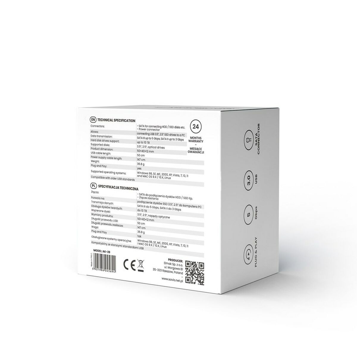 USB-kabel SATA III Savio AK-39 Svart 50 cm - 2