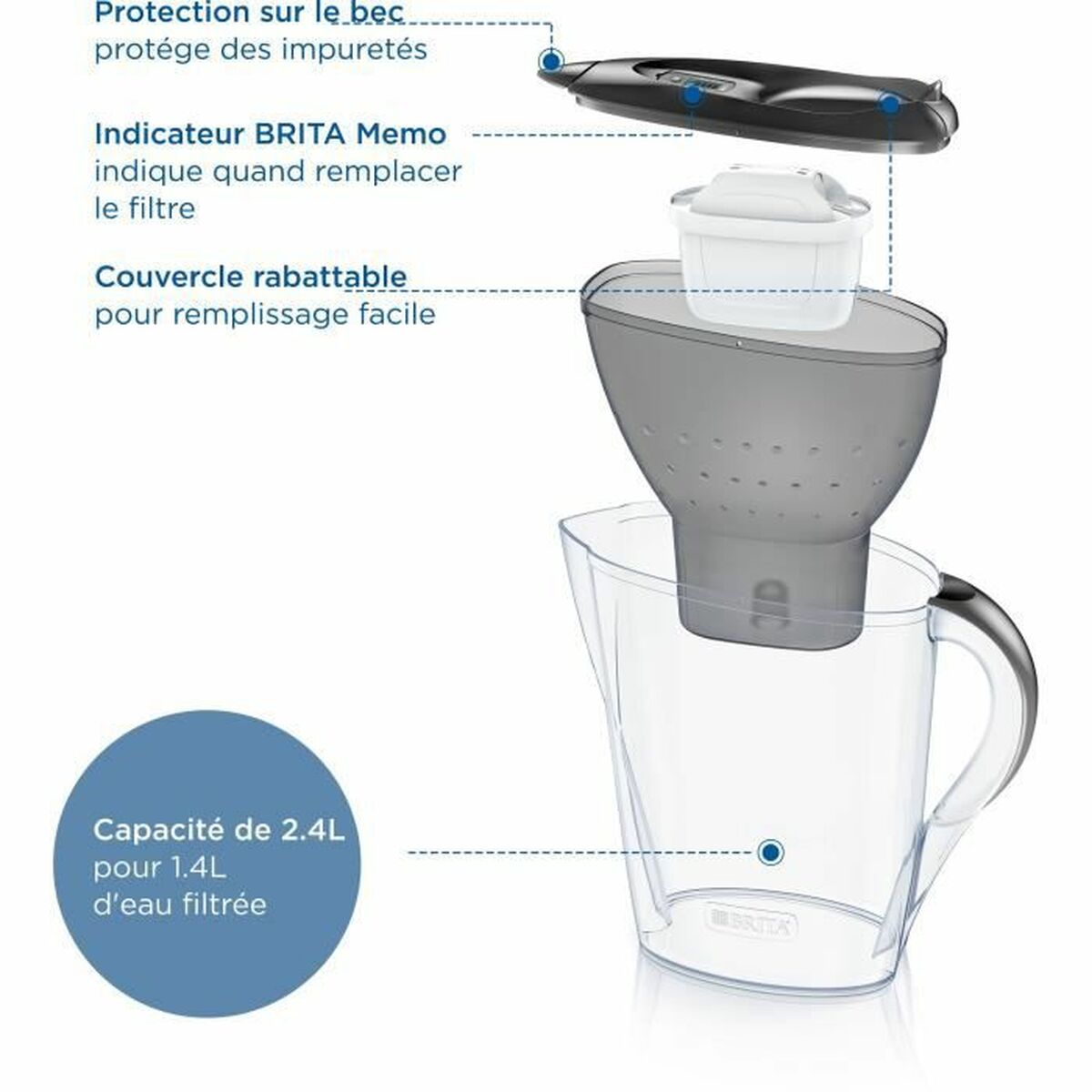 Filtreringskanna Brita Carafe Marella Grafit Plast 2,4 L - 4
