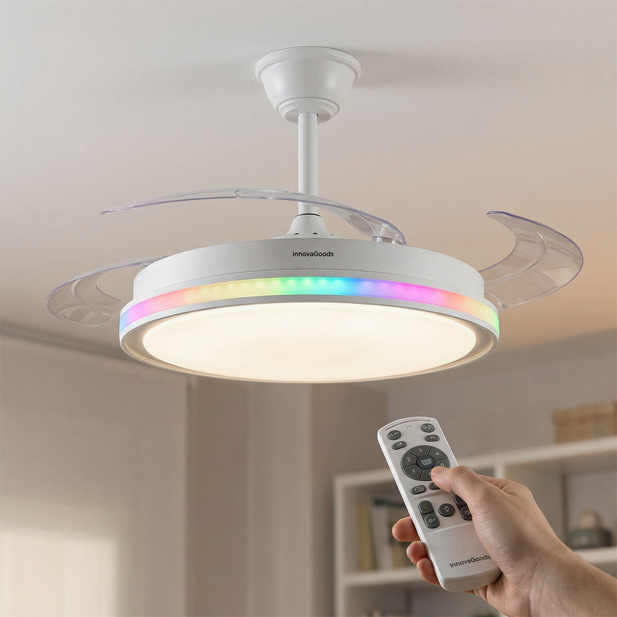 Takfläkt med RGB LED-belysning, 4 infällbara blad och fjärrkontroll InnovaGoods