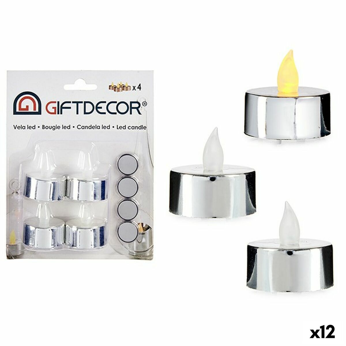Set med levande ljus Gift Decor Silvrig Silver 4 x 4 x 3,7 cm 13,5 x 17 x 4 cm (12 antal)