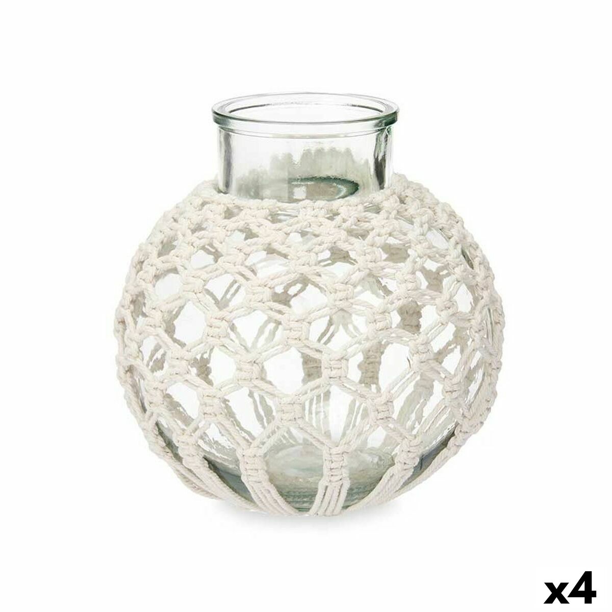 Vas Gift Decor Vit Transparent Tyg Glas Makramé 25 x 26,5 x 25 cm (4 antal)