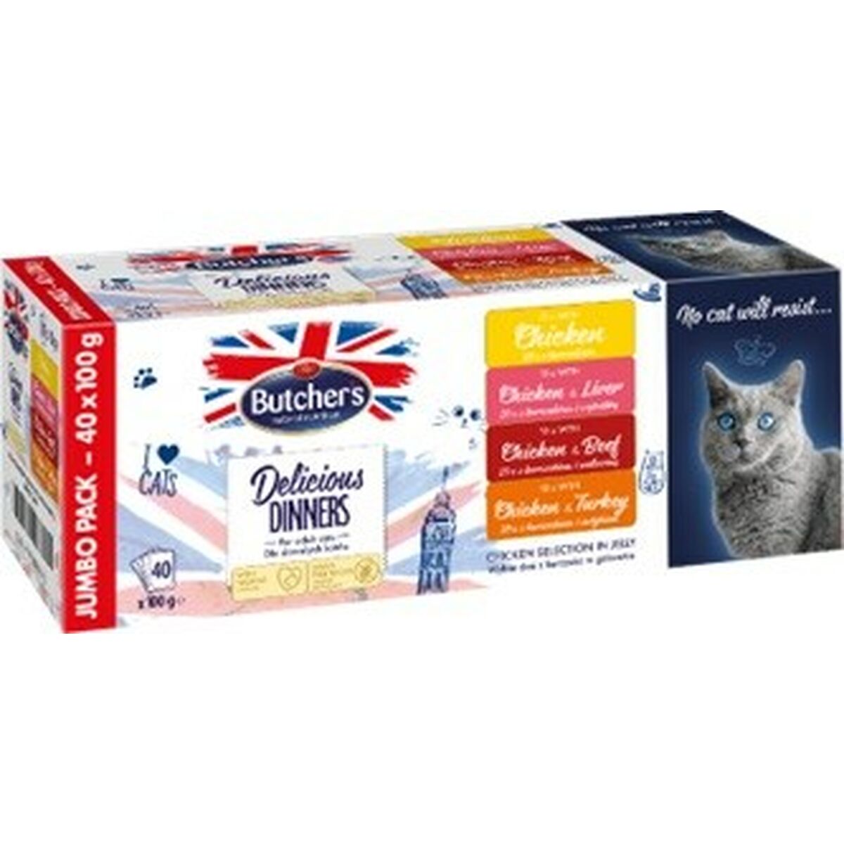 Kattmat Butcher's Delicious Kyckling Kalkon Kalvkött Lever 40 x 100 g