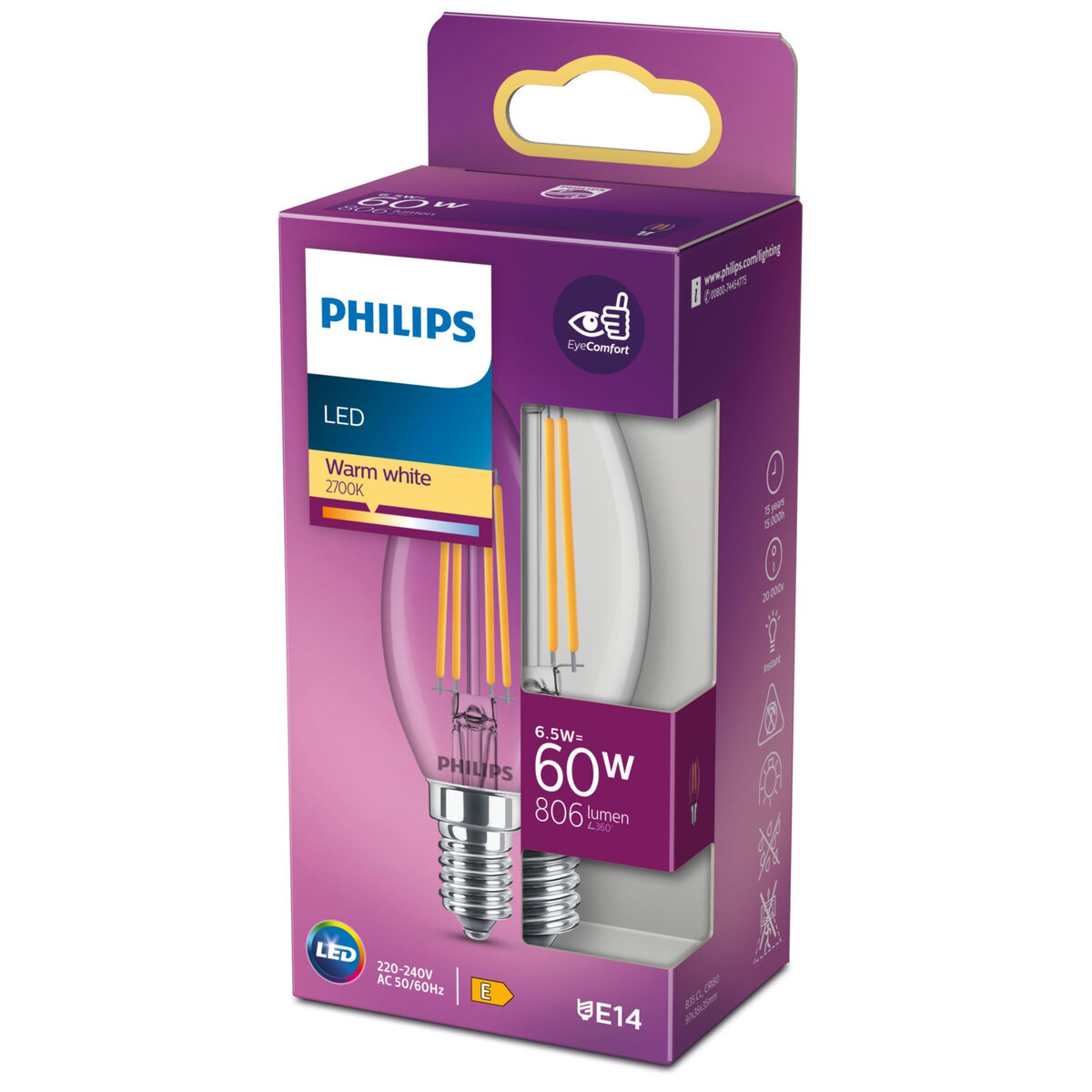 LED-lampa Ljus Philips Equivalent  E14 60 W Vit E (2700 K) - 3