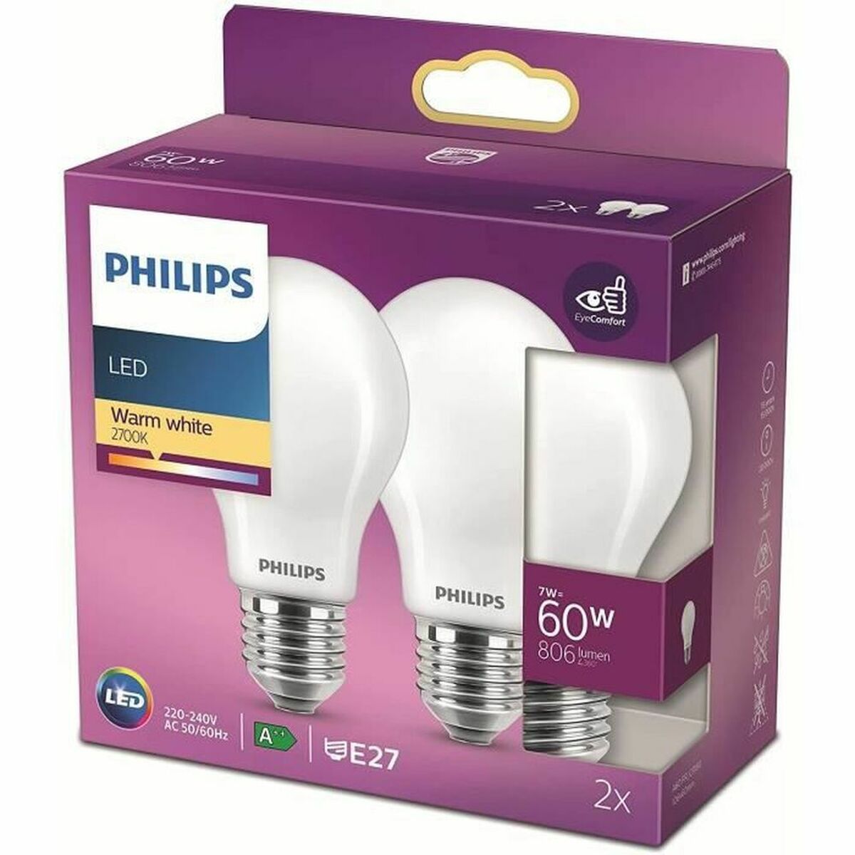LED-lampa Philips Classic Standard 60 W Vit E E27 (2700 K) (2 antal) - 5
