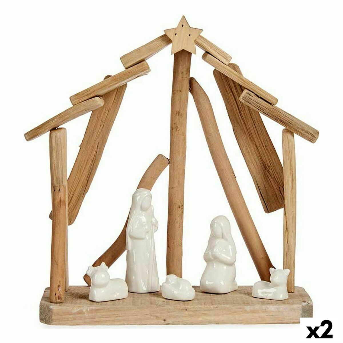 Julkrubba-set Krist+ Vit Brun Naturell Trä Keramik 25 x 28 x 10 cm (2 antal)