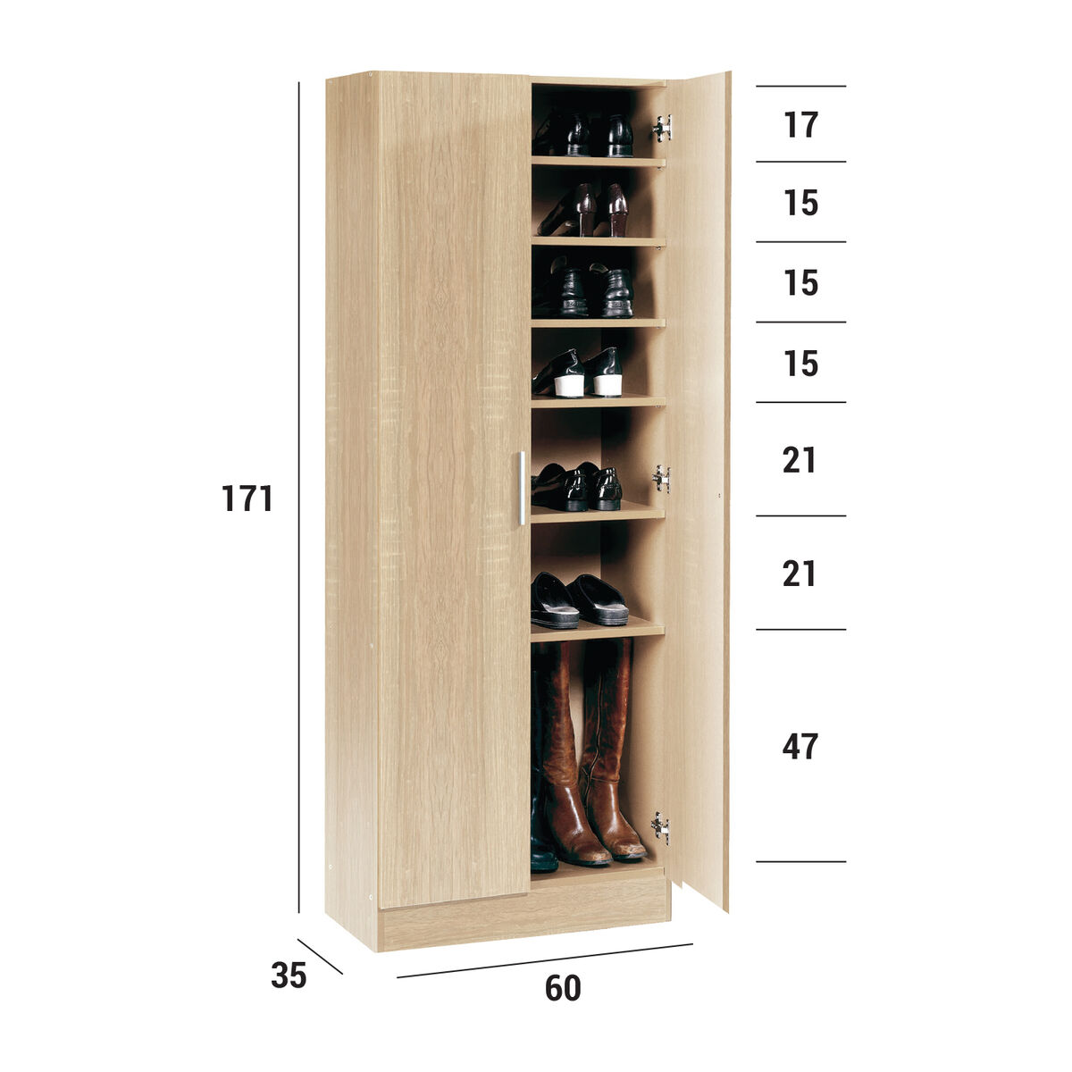 Skoskåp Alexandra House Living Ljusbrun 59 x 171 x 35 cm 2 dörrar 7 Hyllor - 3