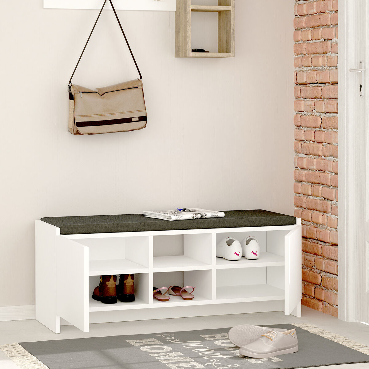 Skobänk Alexandra House Living Vit Grå 110 x 43 x 37 cm 2 dörrar - 2