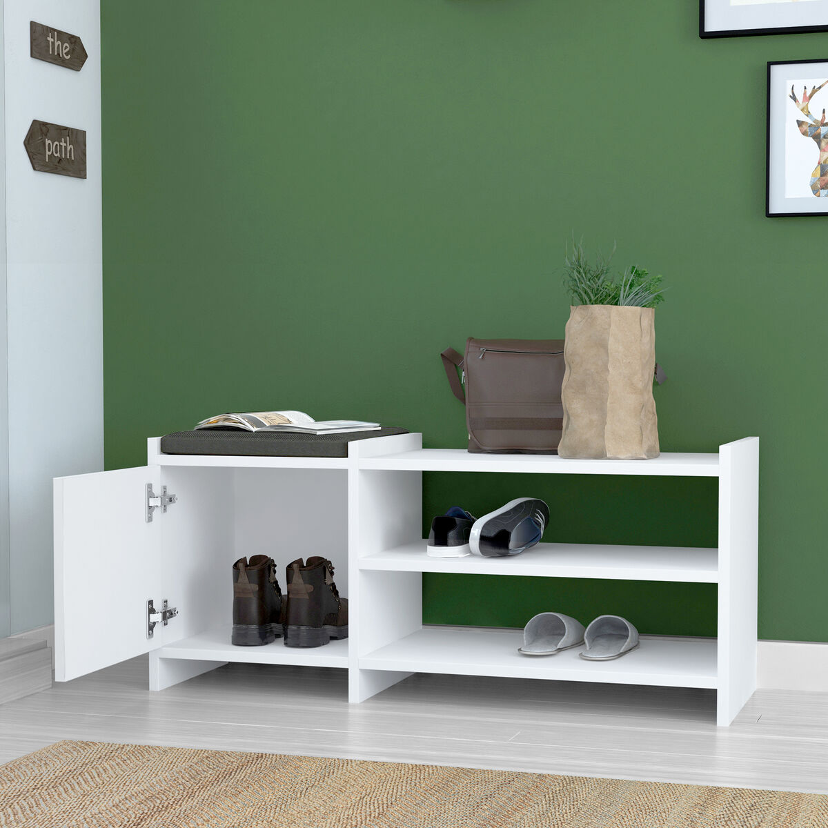 Skobänk Alexandra House Living Vit Grå 100 x 44 x 35 cm 2 Hyllor 1 dörr - 3